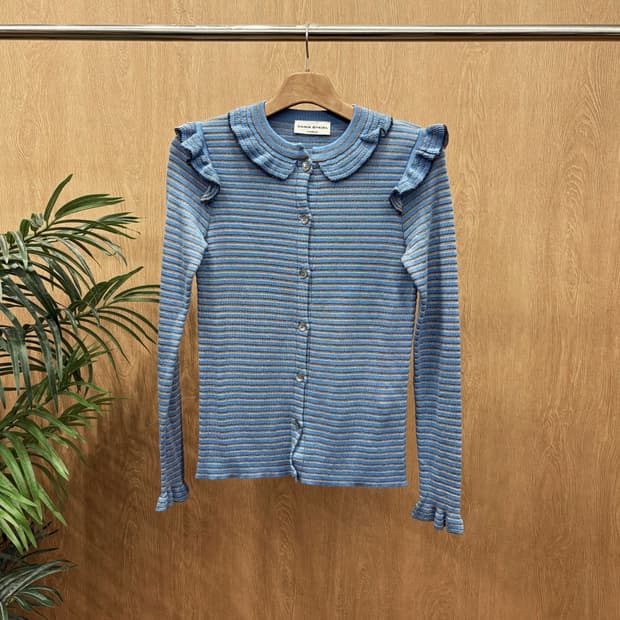 소니아 리키엘 라운드넥 니트 가디건 러플 골드 스트라이프 디테일 블루