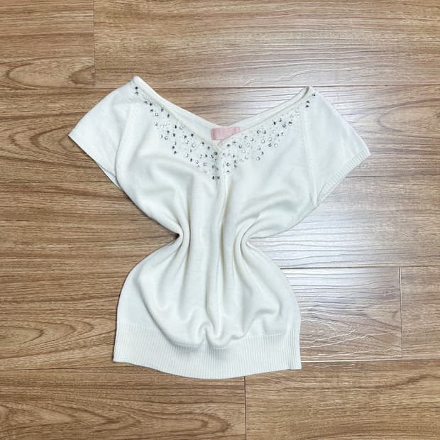 빈티지 화이트 보석 반팔 니트 티셔츠 히메갸루 로걀 라떼 달천깔 발레코어