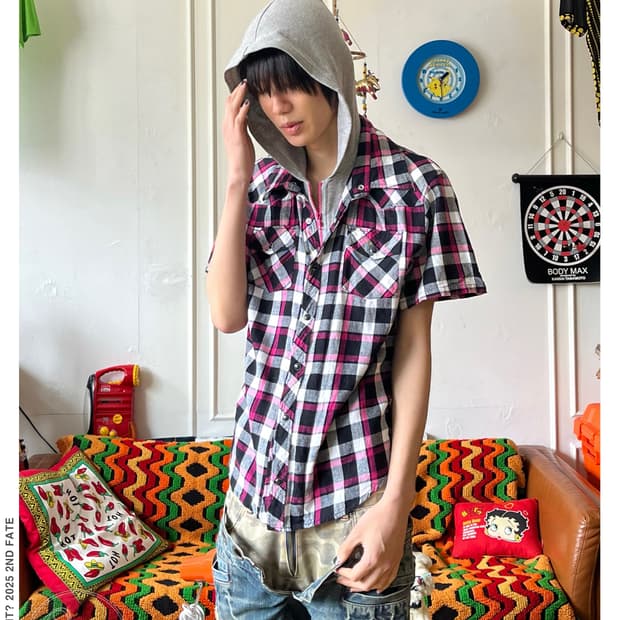 90-00s CORN FRAKE Hood Docking 1/2 Shirt