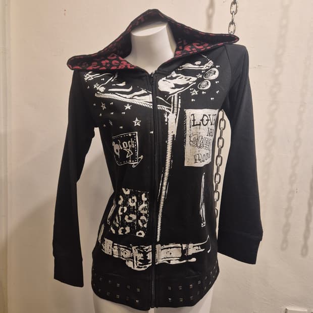 레드 레오파드 후드 스터드 블랙 후드 집업 펑크 갸루