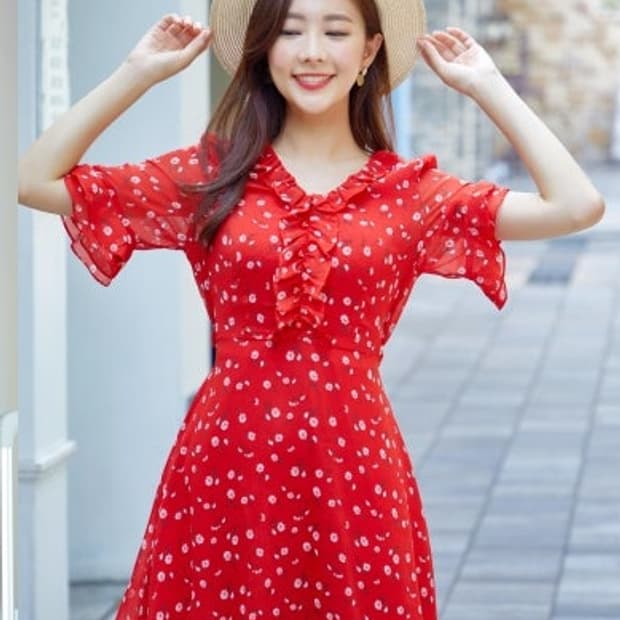 로엠 플라워 프릴쉬폰 미니원피스 66 레드