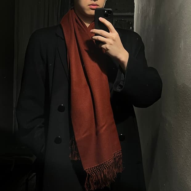 빈티지 버건디 레드 캐시미어 100 심플 테슬 머플러 목도리