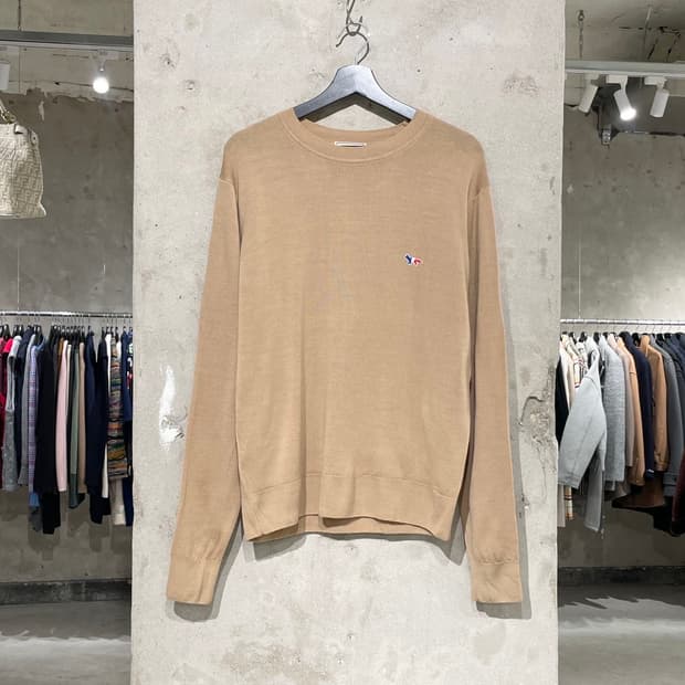 메종 키츠네 베이지 폭스 로고 울 니트