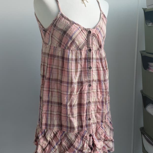 [빈티지] 체크 끈 원피스 핑크 퍼플 프릴