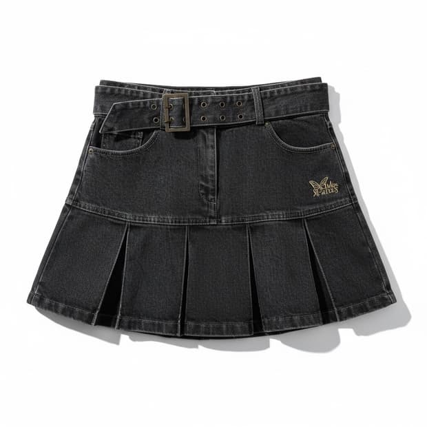 팬시클럽 블랙 데님 플리츠 스커트 벨트 세트 M