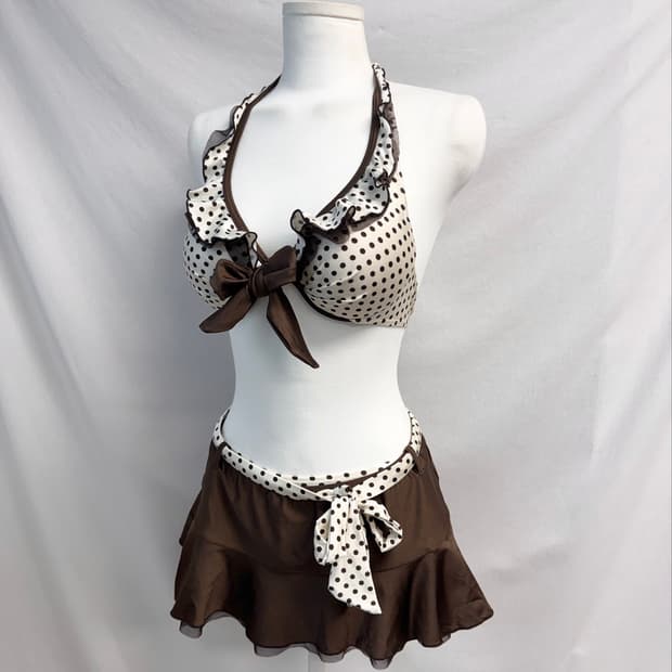 폴카 도트 홀터넥 프론트 리본 3pcs bikibi