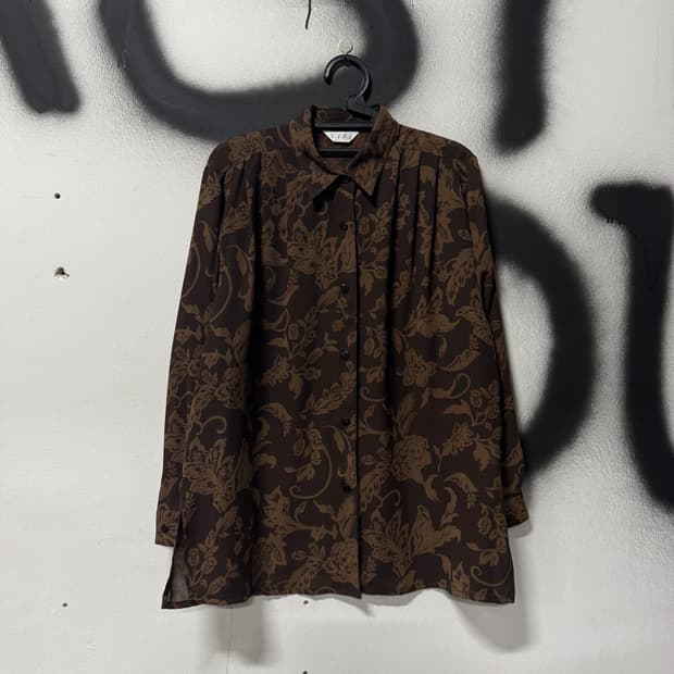 VTG 빈티지 브라운 패턴 핀턱 카라 긴팔 셔츠