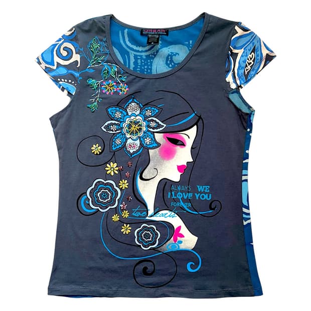 Y2K Blue Floral Girl Graphic Tee