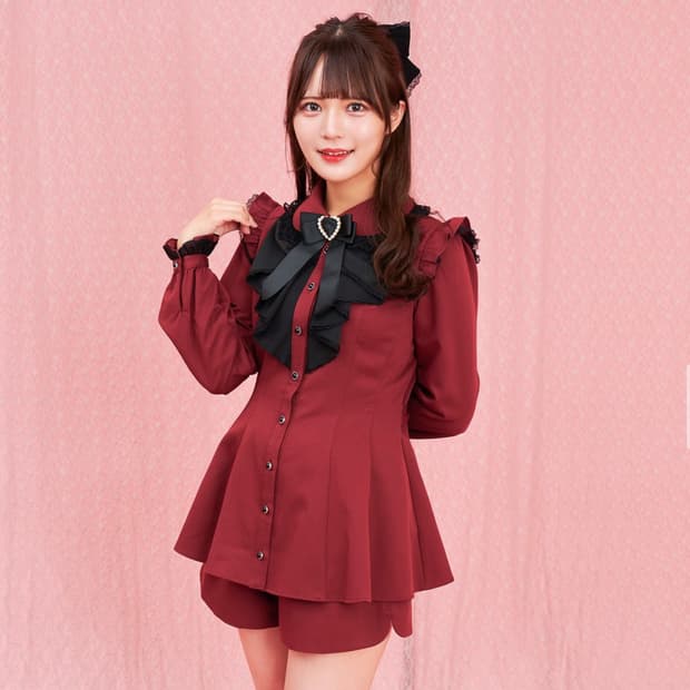 시크릿허니 와인 버건디 셋업 리본 블라우스 스커트팬츠 세트