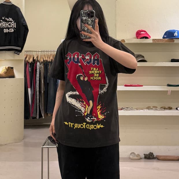 빈티지 헤인즈 AC/DC 락 투어 프린팅 반팔 티셔츠 U1508