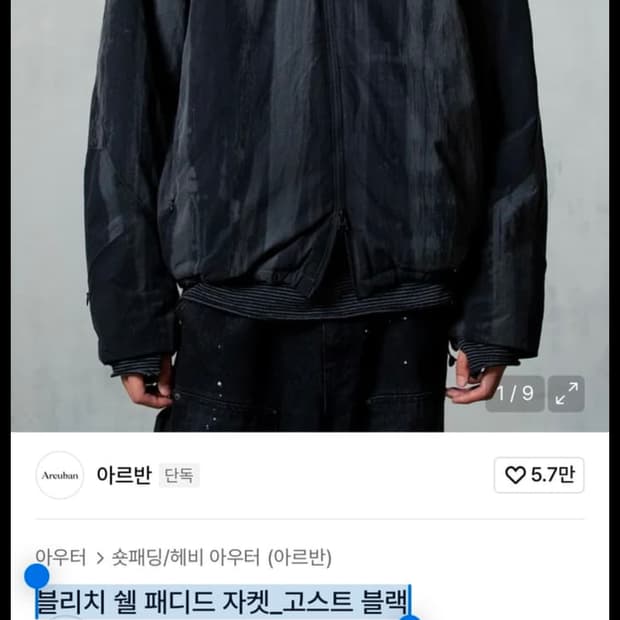 아르반 블리치 쉘 패딩 자켓 블랙 100