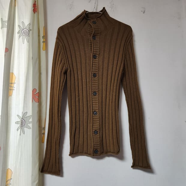 골지 니트 쫄 가디건 브라운 L