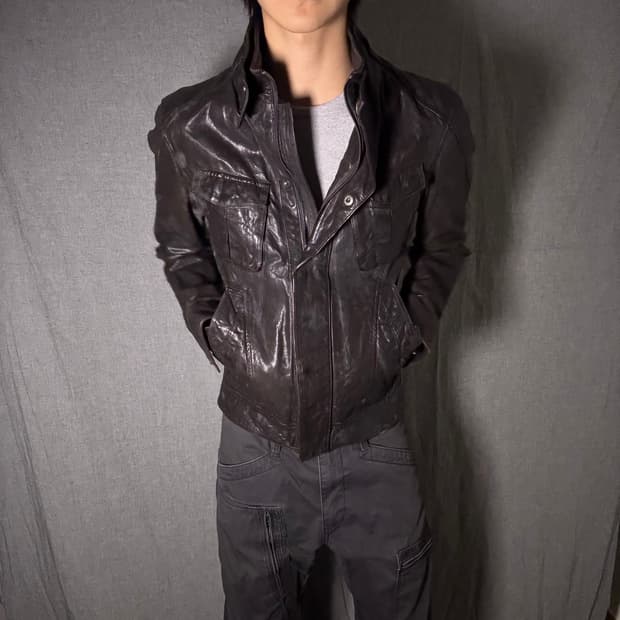 포켓 양가죽 레더 자켓 브라운