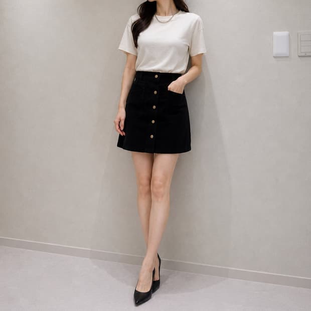 블랙 코듀로이 버튼 미니스커트
