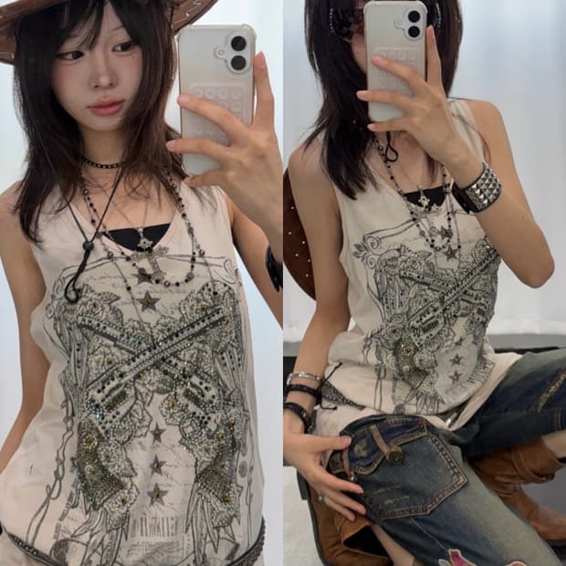🎸베이지 프린팅 슬리브리스🎸