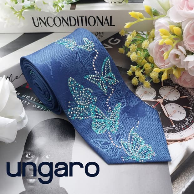 웅가로 실크 블루 나비 자카드 넥타이 8.2cm A+등급 K2450