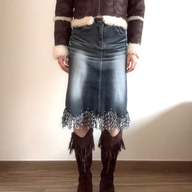 데님 프린지 미디 스커트