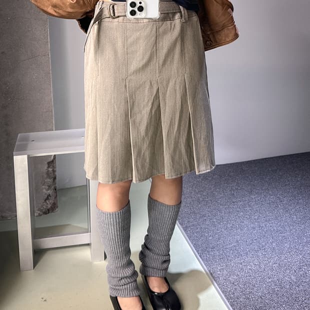 beige belt pleats midi skirt