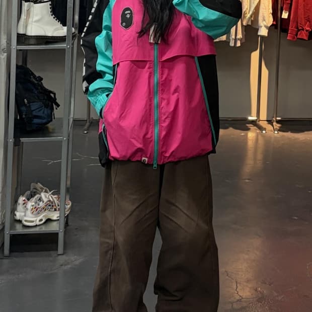 베이프 ss20 컬러블록 포켓터블 나일론 윈드브레이커 핑크자켓 A3205