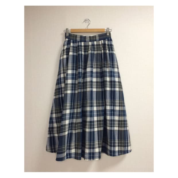 빈티지 블루 브라운 체크 롱 스커트