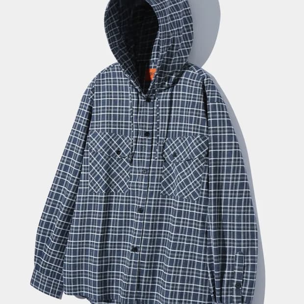 더블 포켓 체크 후드 셔츠_블루