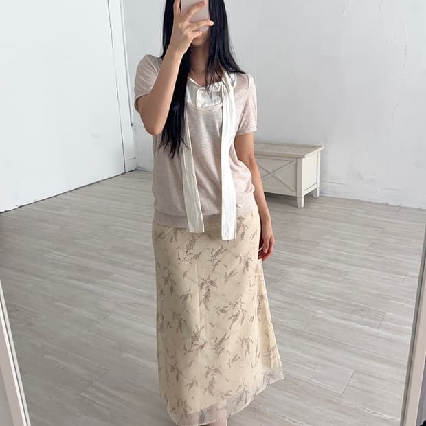 Sheer Botanical Layered Check Long Skirt