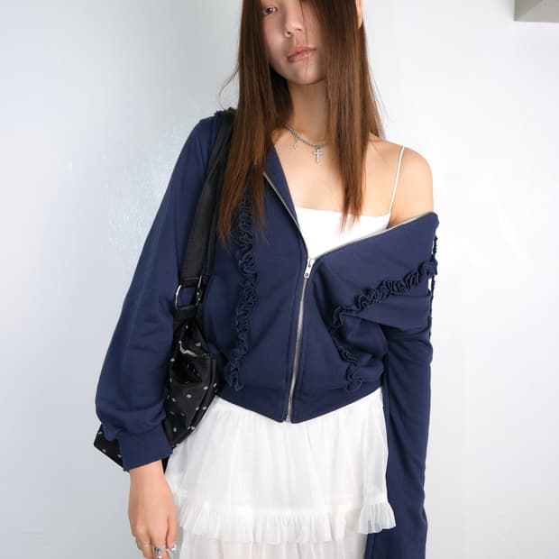 루즈슬립오버 프릴 로고 후드집업 네이비