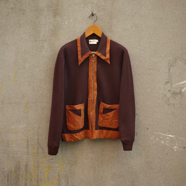 60-70’s 컨템포러리 롱포인트 카라 레더 패널 집업 자켓