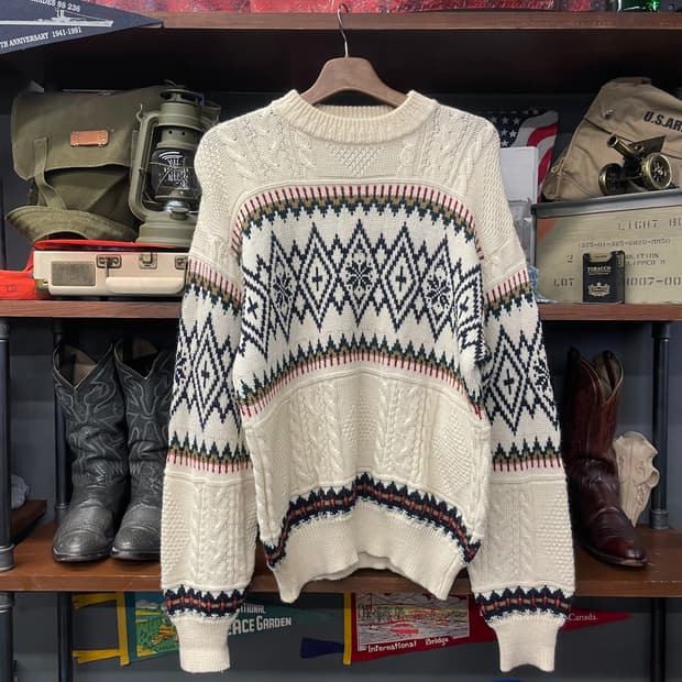 90s 미츠미네 케이블 멀티 아가일 패턴 루즈핏 니트 스웨터 N343