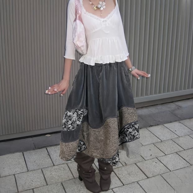 JP vintage 패치 워크 오리엔탈 벨벳 스커트