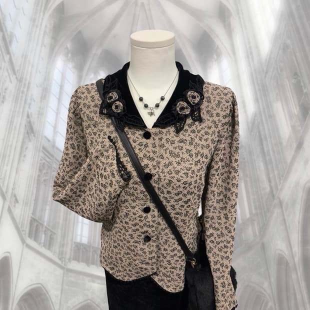 벨벳 카라 플라워 빈티지 블라우스