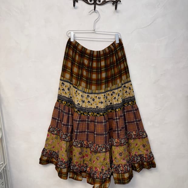 Brown bohemian floral check cancan skirt