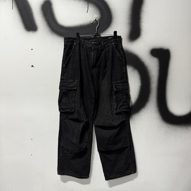 VTG 빈티지 흑청 워싱 핀턱 와이드 카고 데님 팬츠