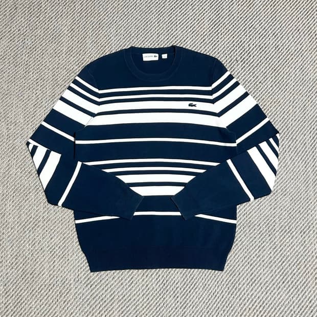 [S] Lacoste 라코스테 우먼즈 네이비 스트라이프 코튼 라운드 니트