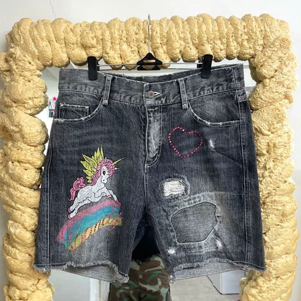 Unicorn heart damage denim shorts 
