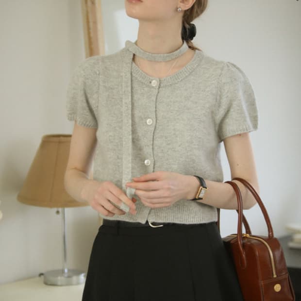 틸아이다이 Tie set half sleeve cardigan_Gray