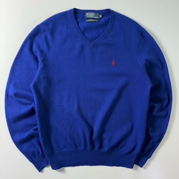 Polo  폴로 랄프로렌 자수 메리노울 블루 브이넥 니트 