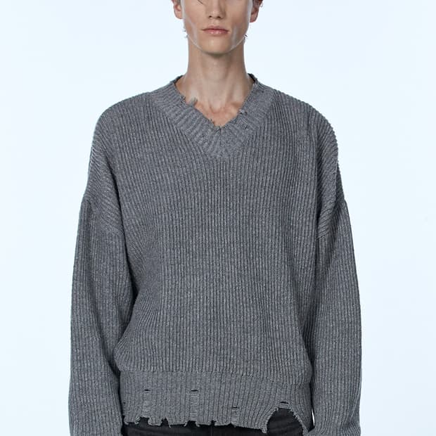 우알롱 브이넥 데미지 니트 그레이 S사이즈