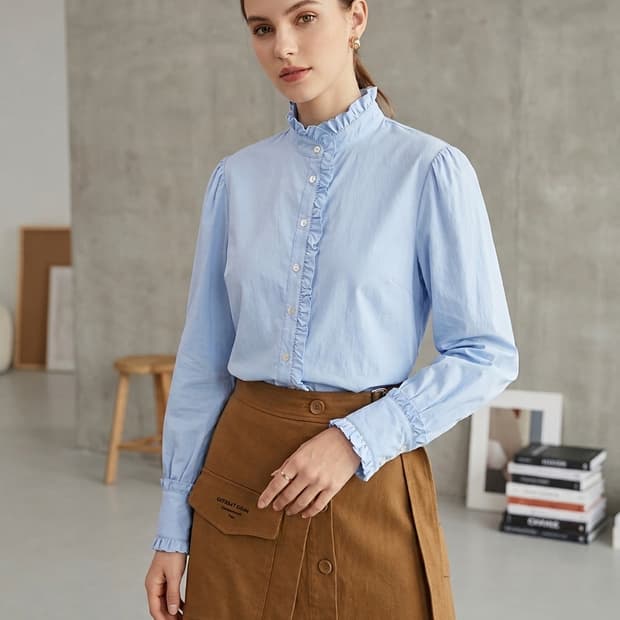 TAV 프릴 스탠드 넥 블라우. 쥬시쥬디 언발 카고 스커트