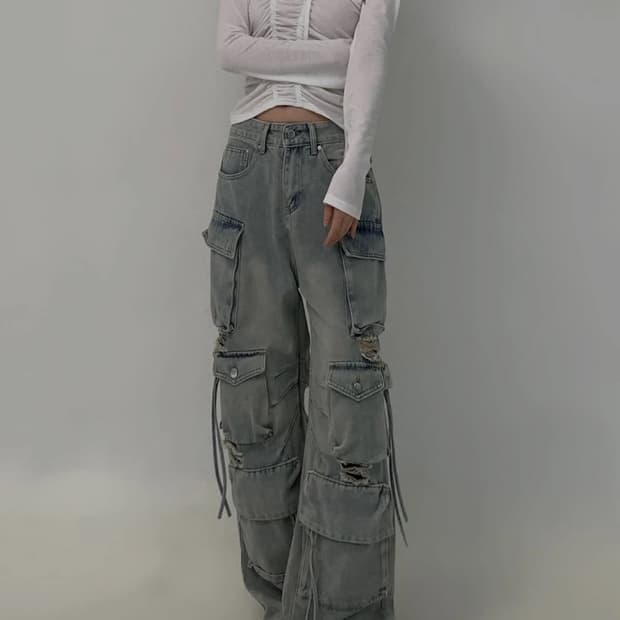 데미지 카고 데님팬츠 