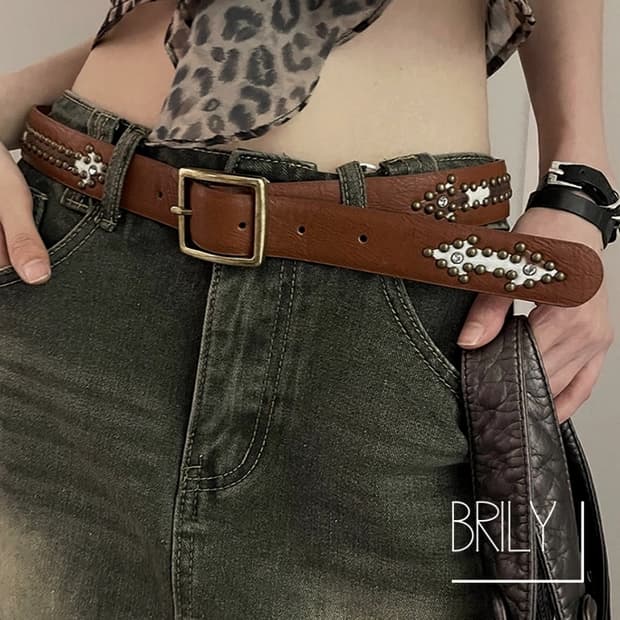 [Unisex]NUT 애로우 스터드 호피 송치털 웨스턴 가죽 벨트 브라운
