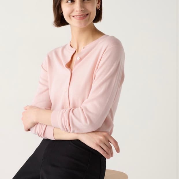 유니클로 메리노 크루넥 가디건 핑크