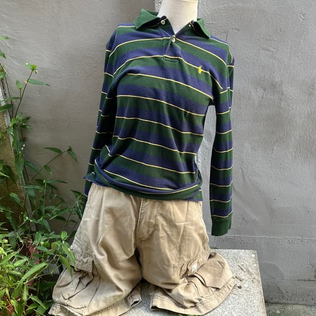 빈티지 00s 폴로 너드깔 딥그린 스트라이프 카라 롱슬리브