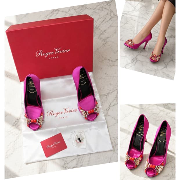 Roger Vivier 정품 핑크 새틴 힐 35 / 보석 장식 / 35