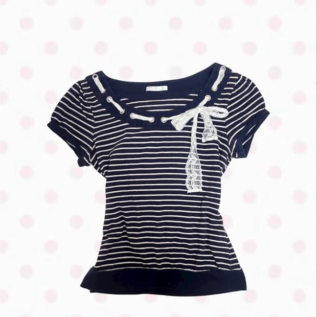 빈티지 네이비 화이트 스트라이프 레이스 리본 반소매 티셔츠 히메갸루로걀
