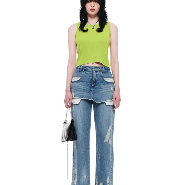 마뗑킴 레이어드 스커트 데님 팬츠 인 블루 S