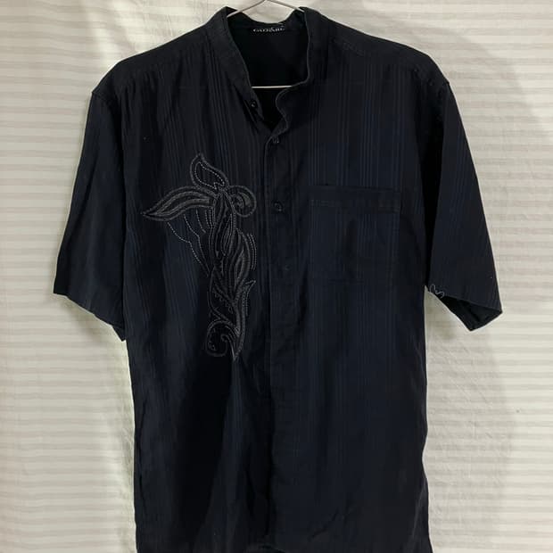 빈티지 네이비 페이즐 자수 린넨 반팔 1058 모리걸 y2k 스트릿 갸루