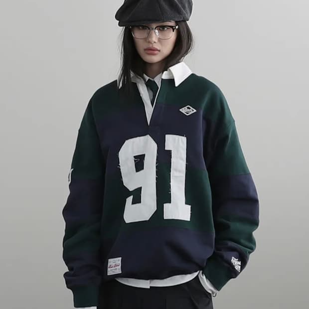 배드블러드 스포츠 스트라이프 럭비 스웻셔츠 - 그린/네이비