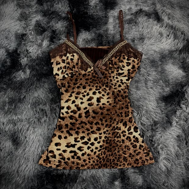 브라운 호피 오네갸루 St 리본디테일 레이스 슬리브리스