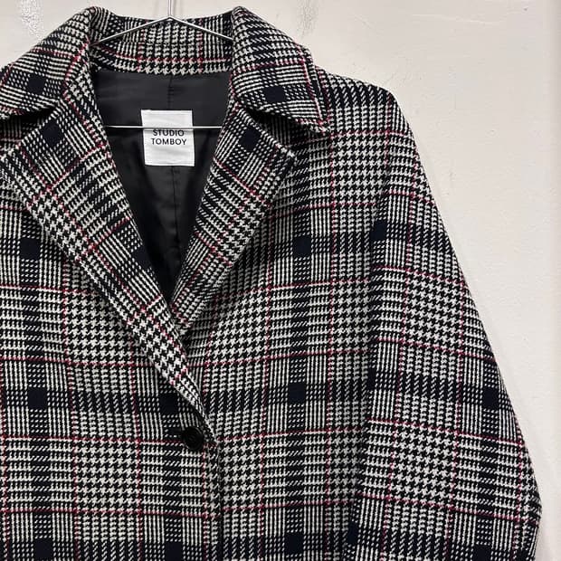 스튜디오톰보이 울 격자체크 버튼 롱코트